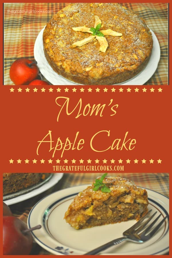 Mom's Apple Cake is a classic family dessert OR coffeecake, with fresh baking apples, cinnamon and pecans (or walnuts). Easy to prepare, and tastes delicious!