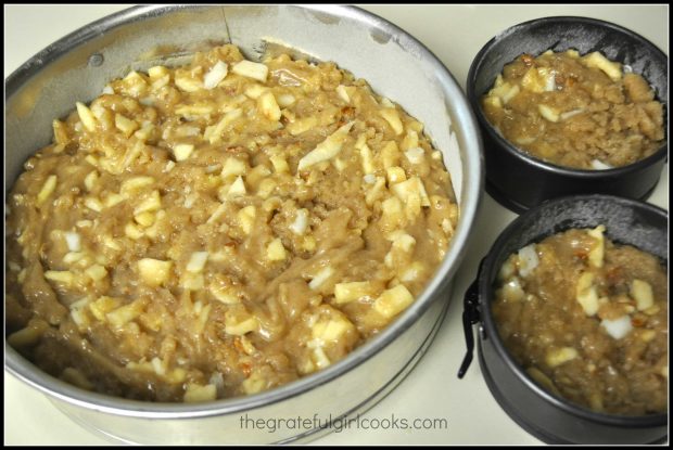 The cake batter is spread into prepared baking pans.