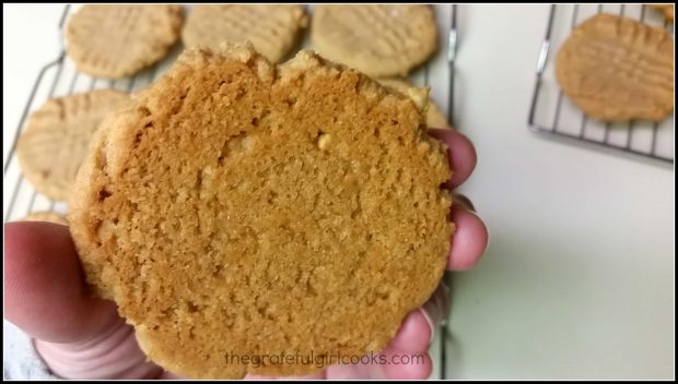 Bottom, browned side of flourless peanut butter cookie