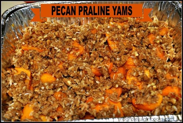 Pecan Praline Yams are a yummy Thanksgiving tradition! Canned yams, baked with brown sugar, coconut, butter & pecans are an easy side dish for a family feast! 