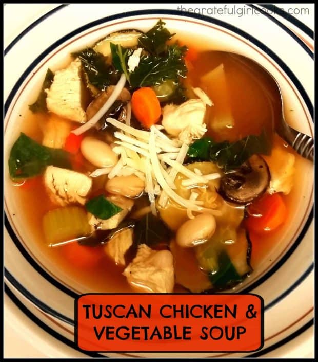 Tuscan Chicken Vegetable Soup is a delicious, Italian-inspired soup. This hearty soup (with 7 veggies) is perfect anytime, especially on a cold day!