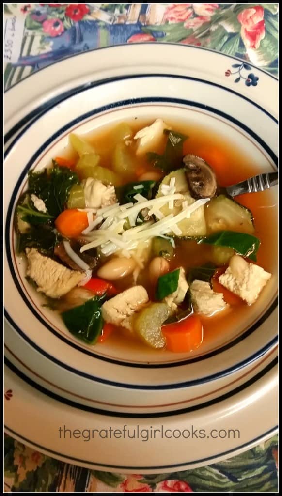 A bowl of the Tuscan chicken vegetable soup, ready to eat!