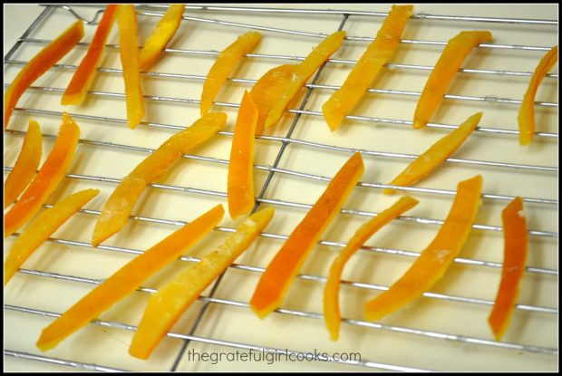 Candied Citrus Peels have completely dried on a wire rack, and are ready to eat!