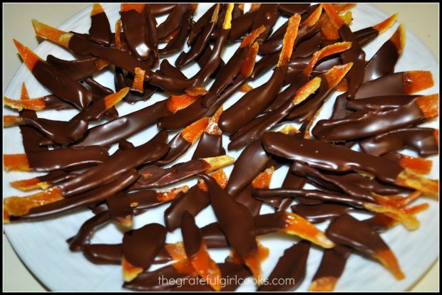 Candied Citrus Peels that have been dipped in melted chocolate.