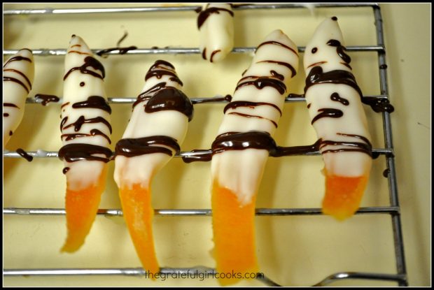 Candied Citrus Peels (orange), with white and semi-sweet chocolate.