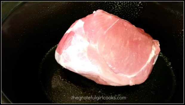 The pork roast in the crock pot, waiting to be seasoned.