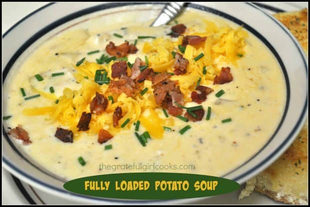 Fully Loaded Potato Soup is thick and creamy, filled with bacon, cheese, sour cream and green onions...tastes like a fully stuffed baked potato in SOUP form. 