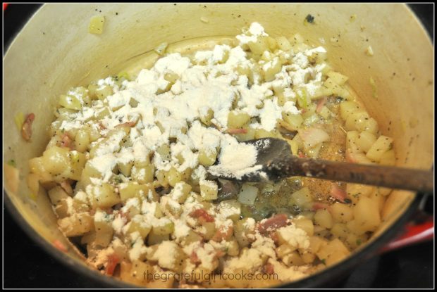 Flour is added to potatoes to act as a thickening agent for soup.