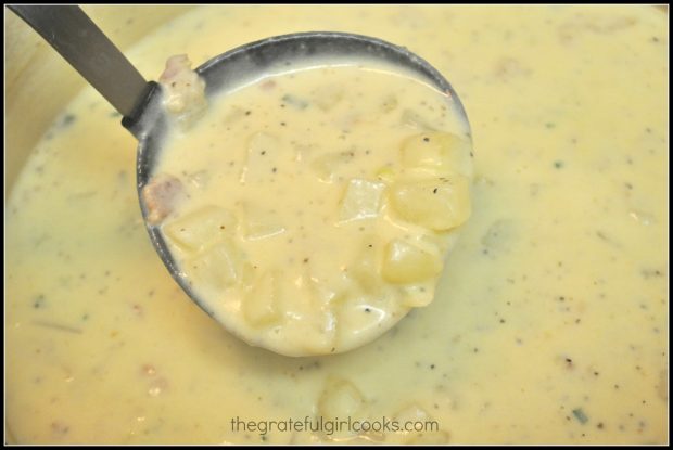 Fully loaded potato soup is thick and creamy.