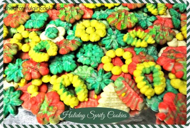 It's easy to make a LOT of small, buttery holiday spritz cookies for eating or gift giving, using an inexpensive cookie press to make festive shapes!