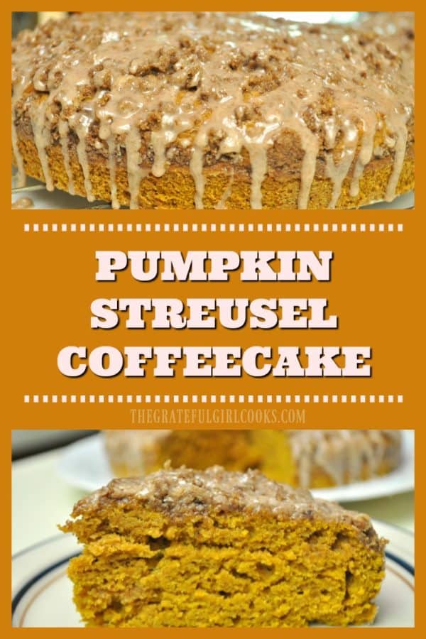 Streusel topping and cinnamon icing enhance this delicious, moist Pumpkin Streusel Coffeecake! Recipe is easy, & makes 2 coffeecakes (perfect for company)!