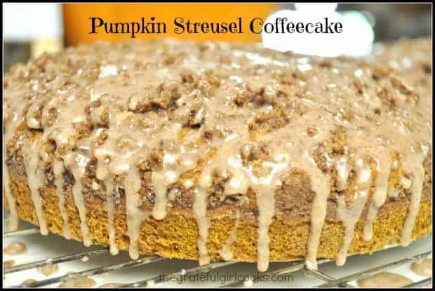 Streusel topping and cinnamon icing enhance this delicious, moist Pumpkin Streusel Coffeecake! Recipe is easy, & makes 2 coffeecakes (perfect for company)!