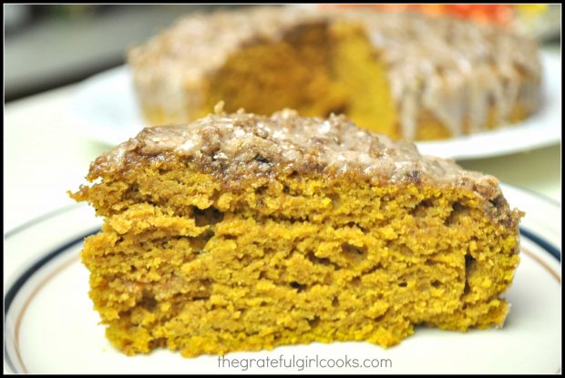 Pumpkin Streusel Coffeecake slice, served on a plate.