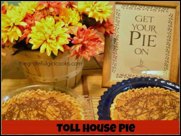 Toll House Pie is an incredibly EASY and delicious pie to make, with chocolate chips, pecans, brown sugar and a drizzled chocolate top. Mix and bake!