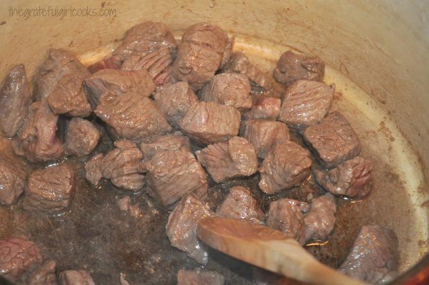Pan seared, browned stew meat is used to make classic beef stew.