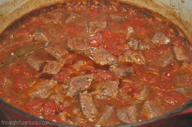 Classic Beef Stew is baked for one and a half hours in oven.