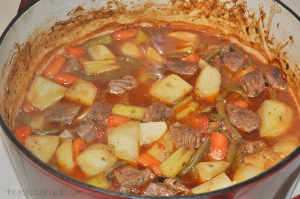 Classic Beef Stew comes out of the oven, and is now ready to eat.