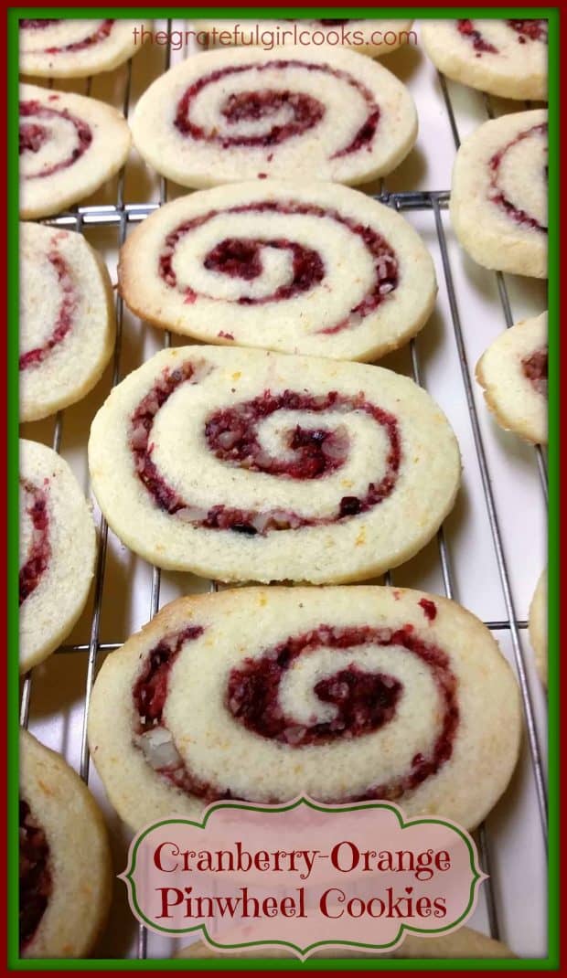 Enjoy these festive looking and delicious cranberry-orange pinwheel cookies, filled with swirled cranberry, orange and pecans.