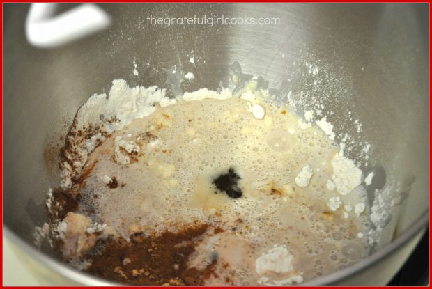 Mixing up the dough for gingerbread bagels with the stand mixer.