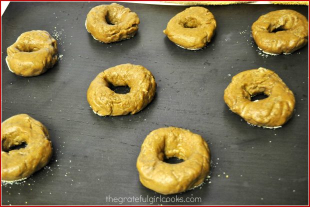 Gingerbread Bagels have been boiled, and will now be baked in oven until done.