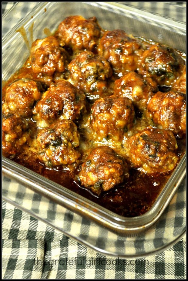 BBQ glaze covered meatballs out of oven