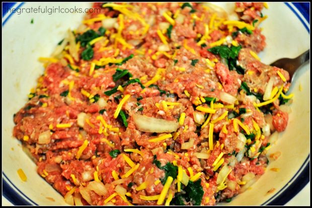 Beef is mixed with other ingredients in bowl.