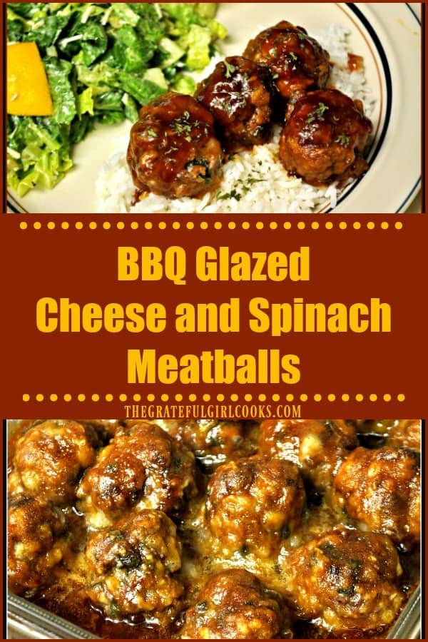 You'll enjoy yummy baked BBQ glazed cheese spinach meatballs, w/ cheddar and spinach, glazed with a homemade sweet, tangy sauce.