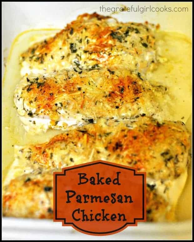 Baked Parmesan Chicken - You'll enjoy these easy to make, seasoned, baked chicken breasts with a creamy Parmesan cheese coating! Delicious, and 5 minute prep!
