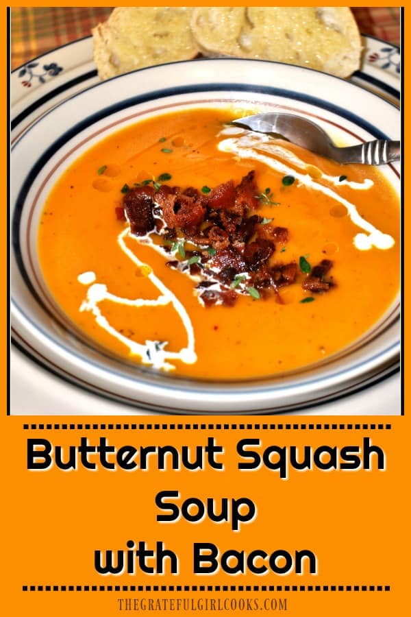 Butternut Squash Soup with Bacon is creamy, thick, and absolutely DELICIOUS! Satisfy even the pickiest of eaters with a bowl of this soup on a cold day!