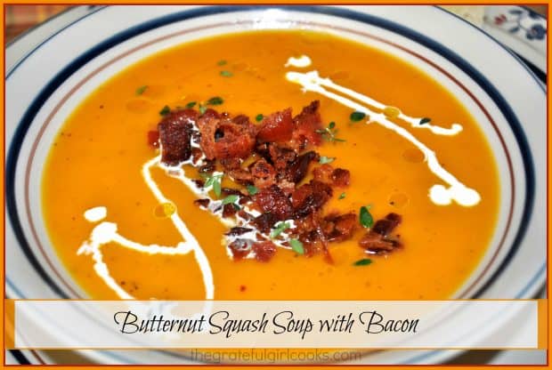 Butternut Squash Soup with Bacon is creamy, thick, and absolutely DELICIOUS! Satisfy even the pickiest of eaters with a bowl of this soup on a cold day!