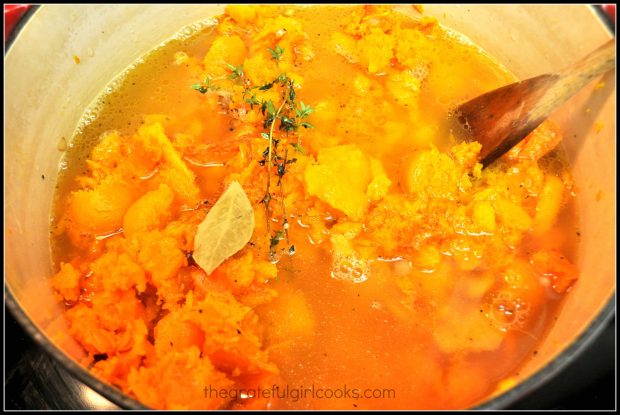 Chicken stock is added to butternut squash soup in pot.