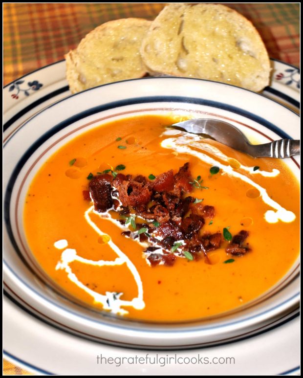 Butternut Squash Soup with Bacon is served, with bread on the side!