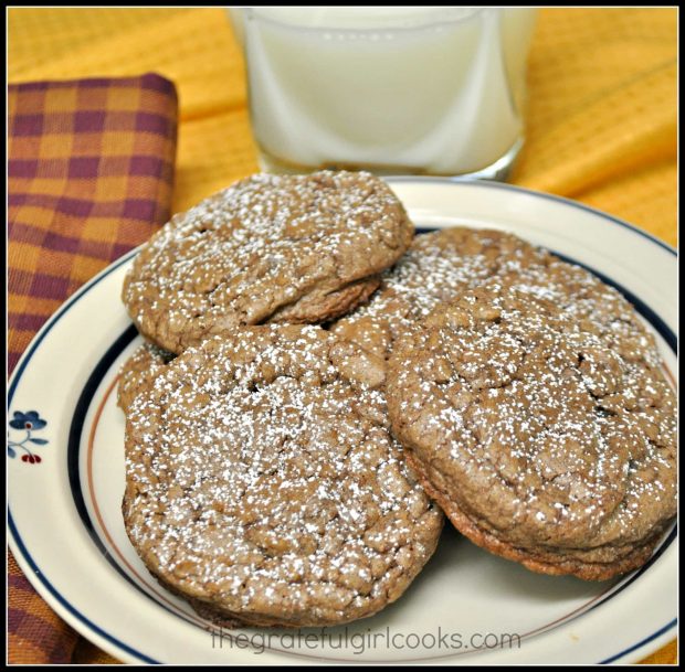 Chocolate Crinkle Cookies on a plate, ready to eat, with a cup of cold milk on the side.