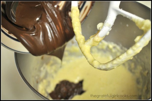 Melted chocolate is added to batter for chocolate crinkle cookies.