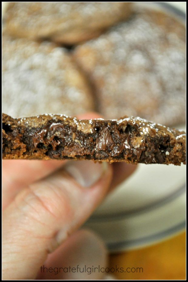 The inside of the Chocolate Crinkle Cookies is chewy and fudgy!