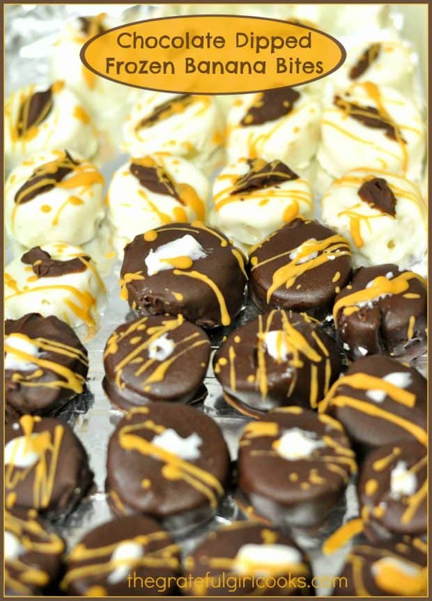 Frozen banana bites, dipped in chocolate, are sure to be a big hit with family or friends... just a couple pieces will satisfy your sweet tooth!
