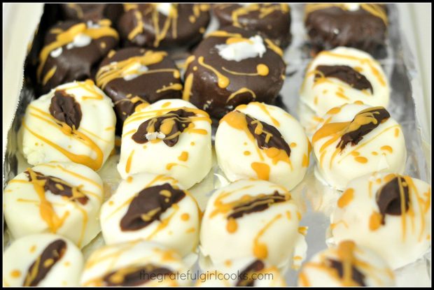 Frozen banana bites are dipped in semi sweet chocolate or white chocolate.