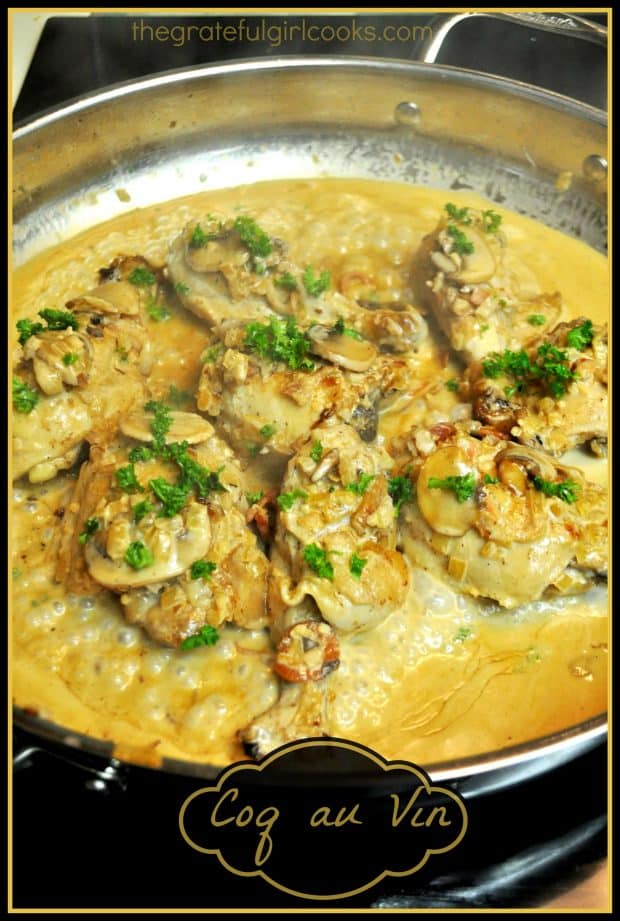You will LOVE Coq au Vin, a classic French dish, featuring braised chicken served in a creamy wine sauce filled with bacon, onions, mushrooms and garlic!