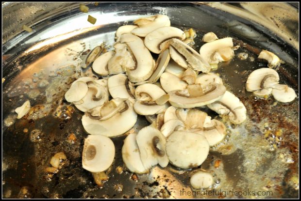 Sliced mushrooms are cooked in bacon drippings in skillet.