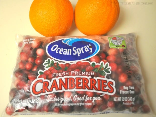 Fresh cranberries and oranges are two of four ingredients needed to make sauce.