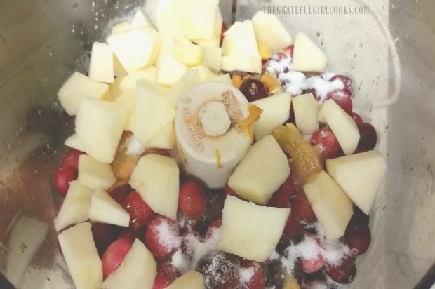 Ingredients for homemade cranberry-orange sauce are pulverized in a food processor.