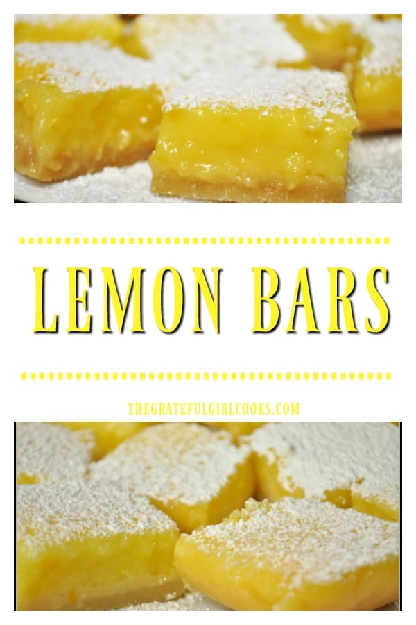 You will LOVE these classic Lemon Bars! Sweet and tangy lemon filling on a buttery base, they are a perfect treat to serve for dessert, or any special occasion!