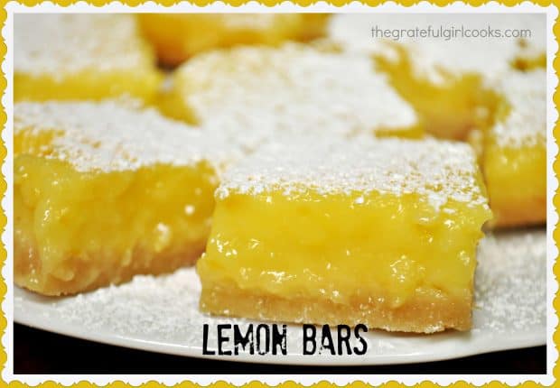 You will LOVE these classic Lemon Bars! Sweet and tangy lemon filling on a buttery crust, they are a perfect treat to serve for dessert, or any special occasion!