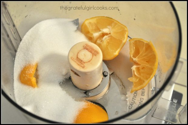 Lemons and sugar in food processor to make filling