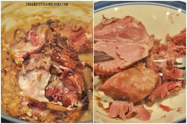 Meat from a ham bone is shredded after removing it from the pot of beans.