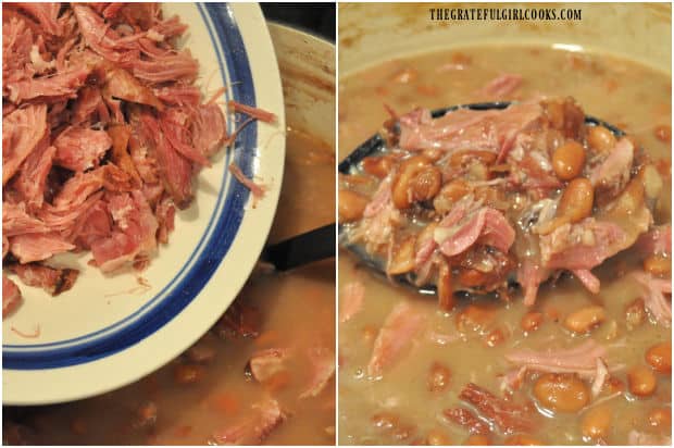 Shredded ham is added back into the pot of cooked pinto beans.