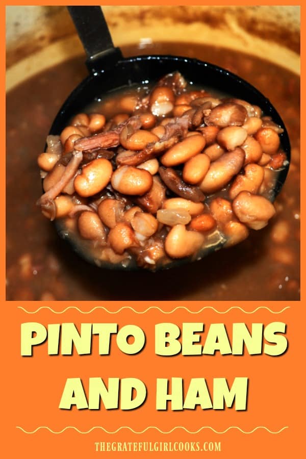 Pinto Beans and Ham is an easy, economical way to make a big pot full of tasty, filling, pinto beans and shredded leftover ham, flavored with onion and garlic!