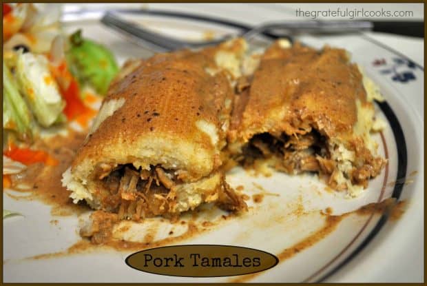 Homemade Shredded Pork Tamales topped with a "made from scratch" California chile sauce, are a delicious classic Mexican dish that you will LOVE!