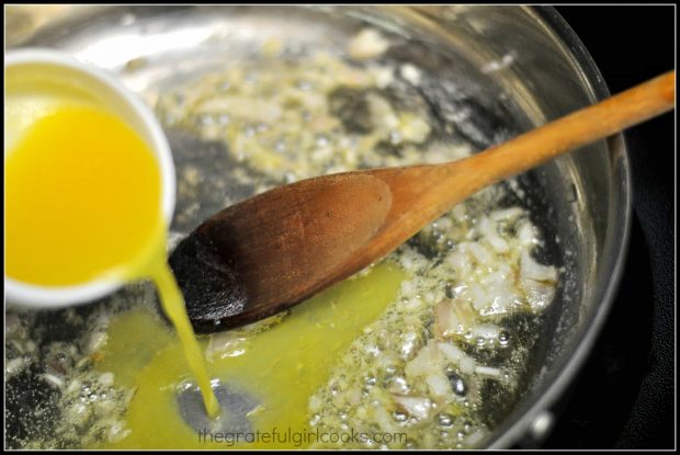 Orange juice added to shallots in sauce for pork tenderloin.