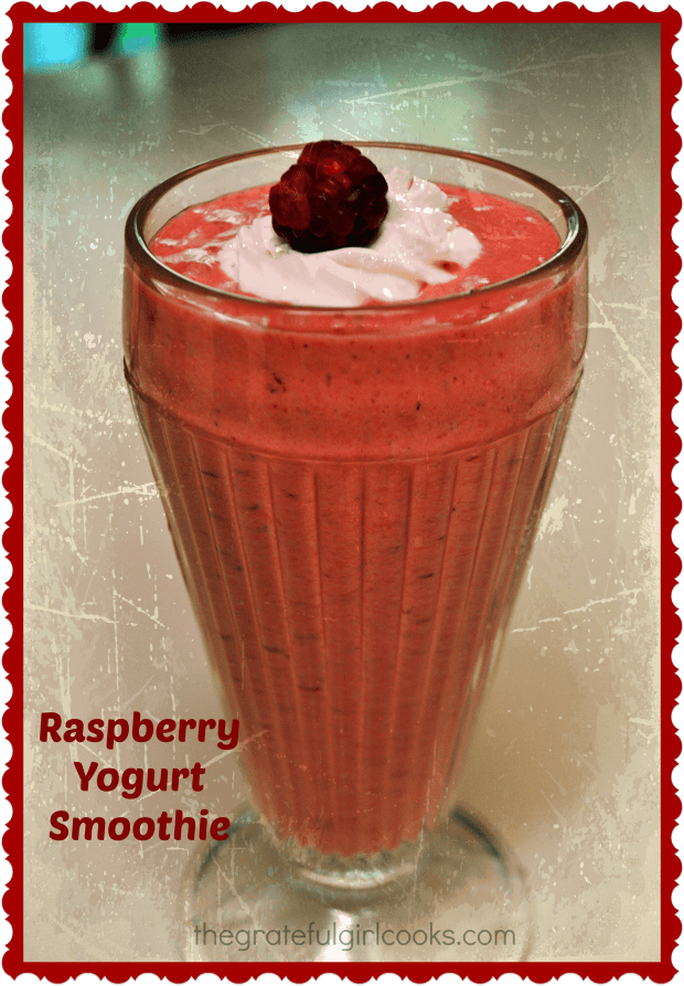 You're gonna love this easy to make raspberry yogurt smoothie, with raspberries, banana, and Greek yogurt, sweetened with honey. Cold and delicious!